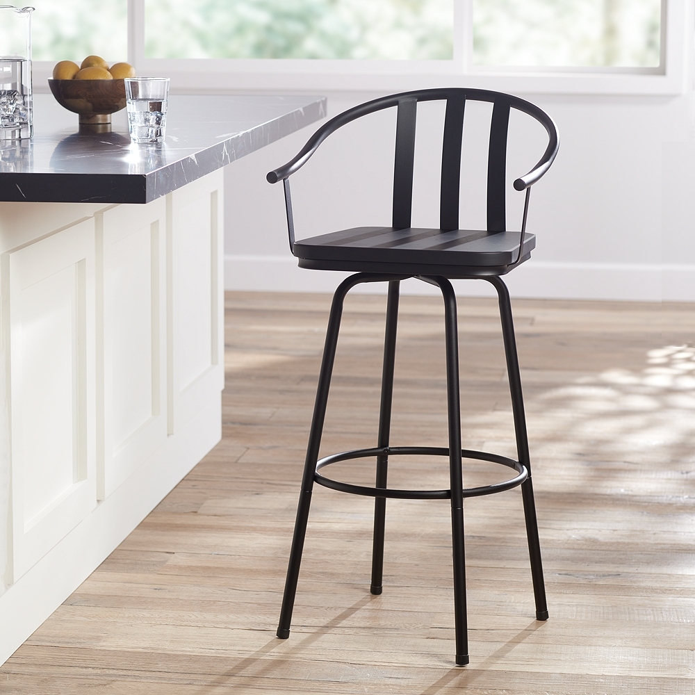 Lael 25 1/4" High Black Metal and Wood Swivel Counter Stool - Image 0