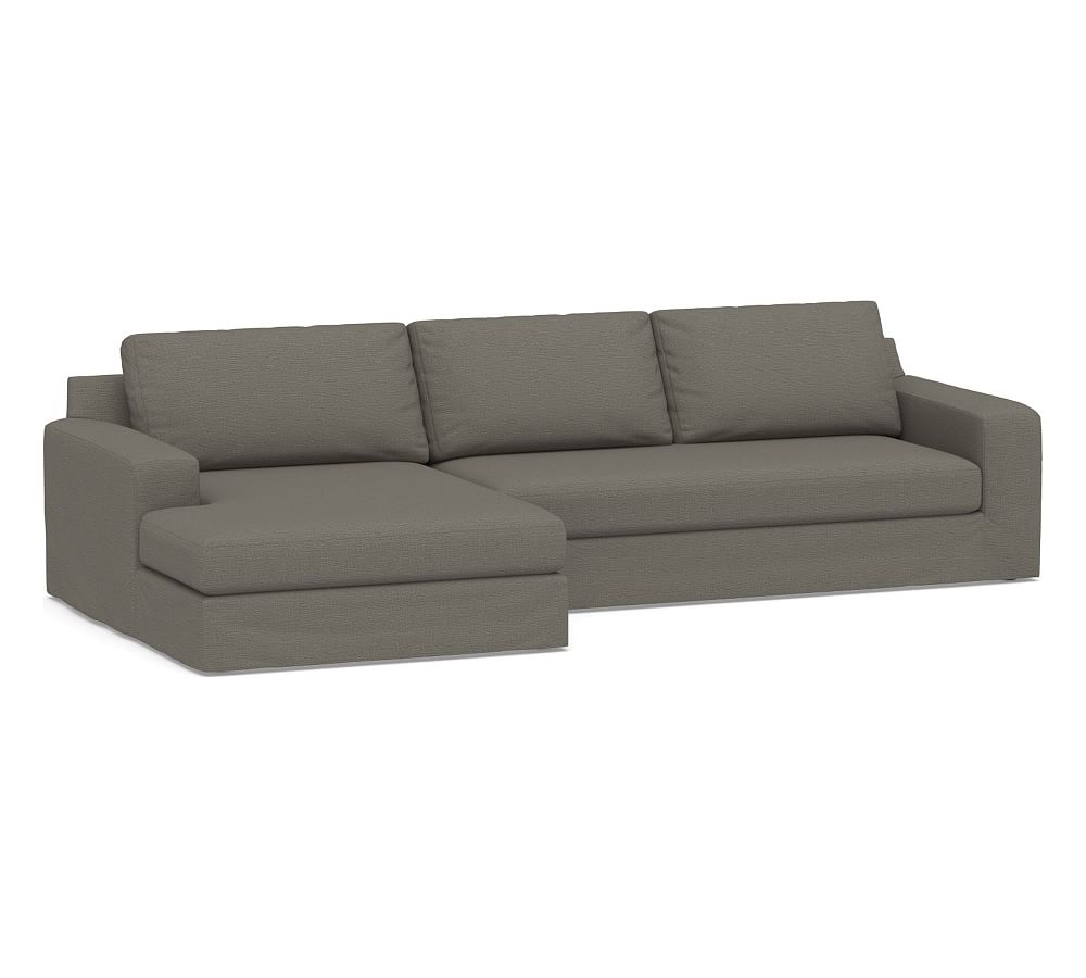 Big Sur Square Arm Slipcovered Right Arm Sofa with Double Chaise Sectional and Bench Cushion, Down Blend Wrapped Cushions, Chunky Basketweave Metal - Image 0