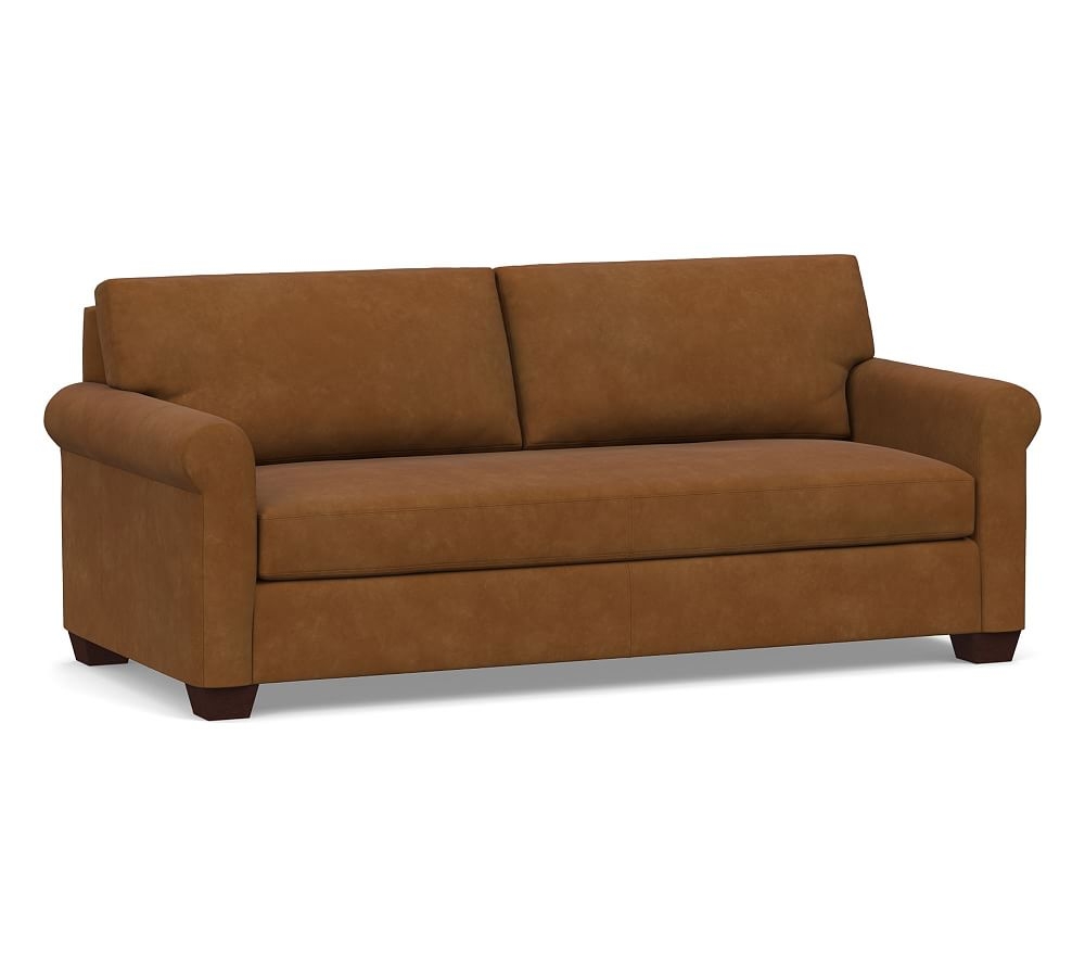 York Roll Arm Leather Sofa 83" with Bench Cushion, Polyester Wrapped Cushions, Nubuck Caramel - Image 0