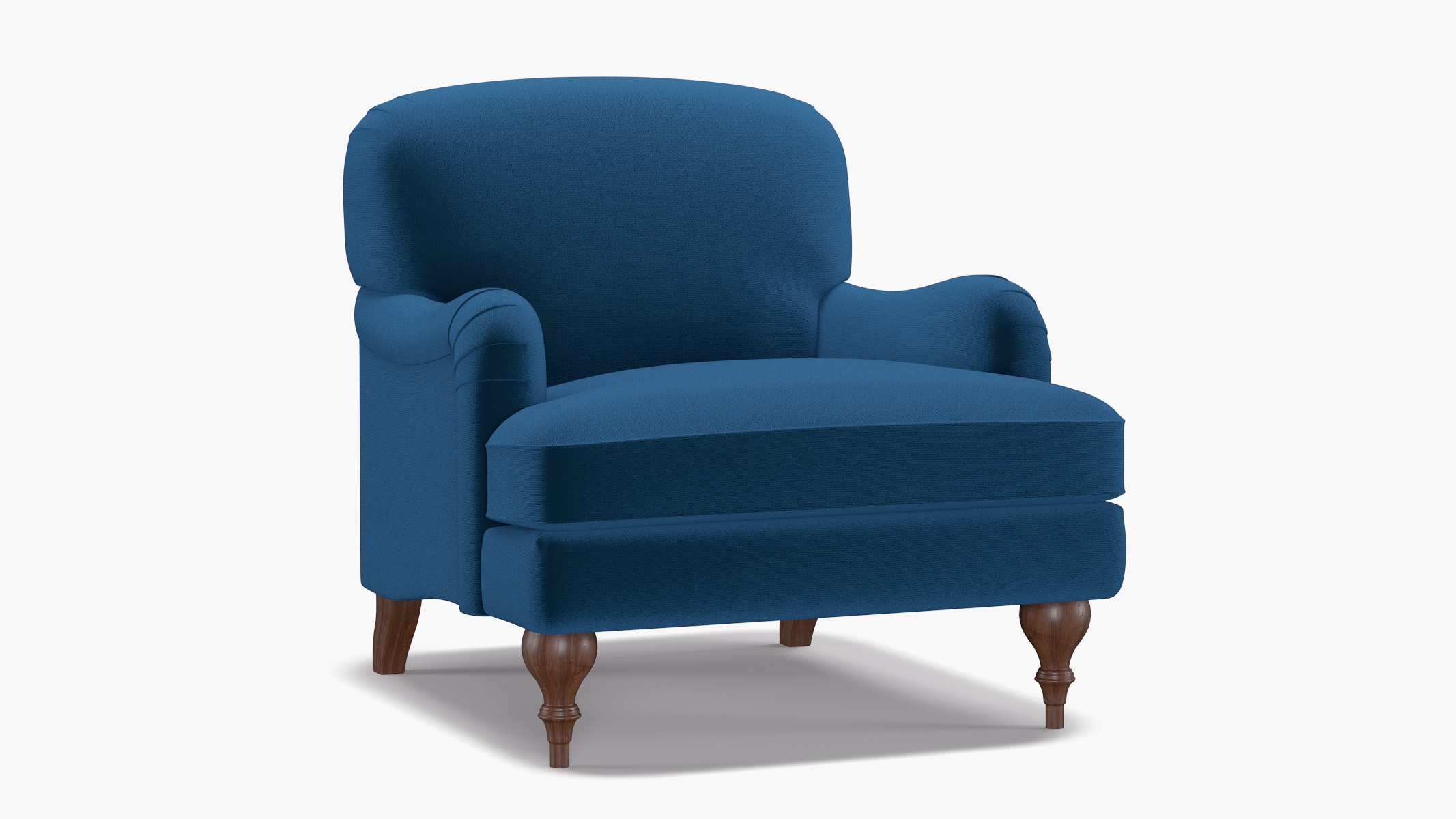 English Roll Arm Chair, Royal Performance Velvet, Walnut Turned Wood Leg - Image 1