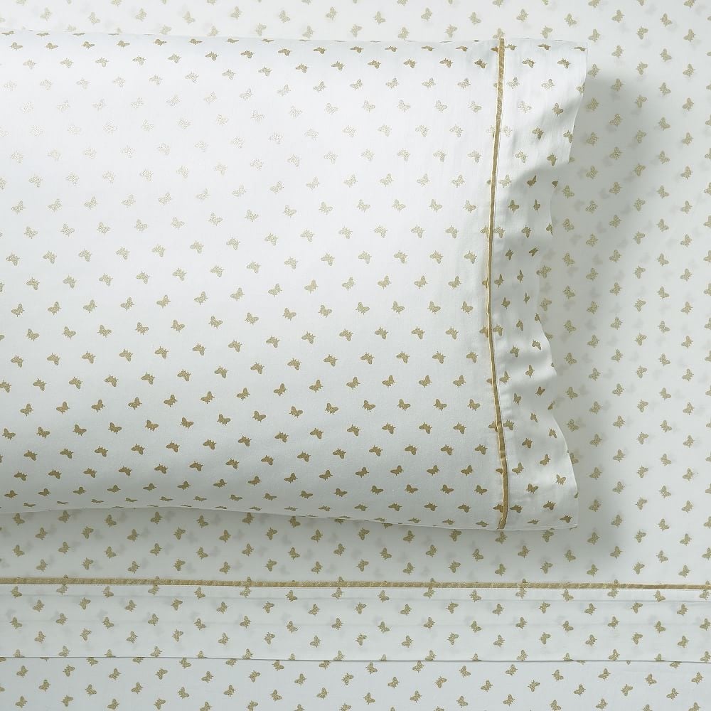 Monique Lhuillier Butterfly Sateen Sheet Set, Twin/Twin XL, Ivory/Gold - Image 0