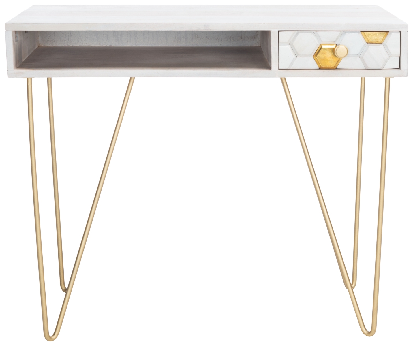 Raveena Desk - White Washed / Brass - Safavieh - Image 0