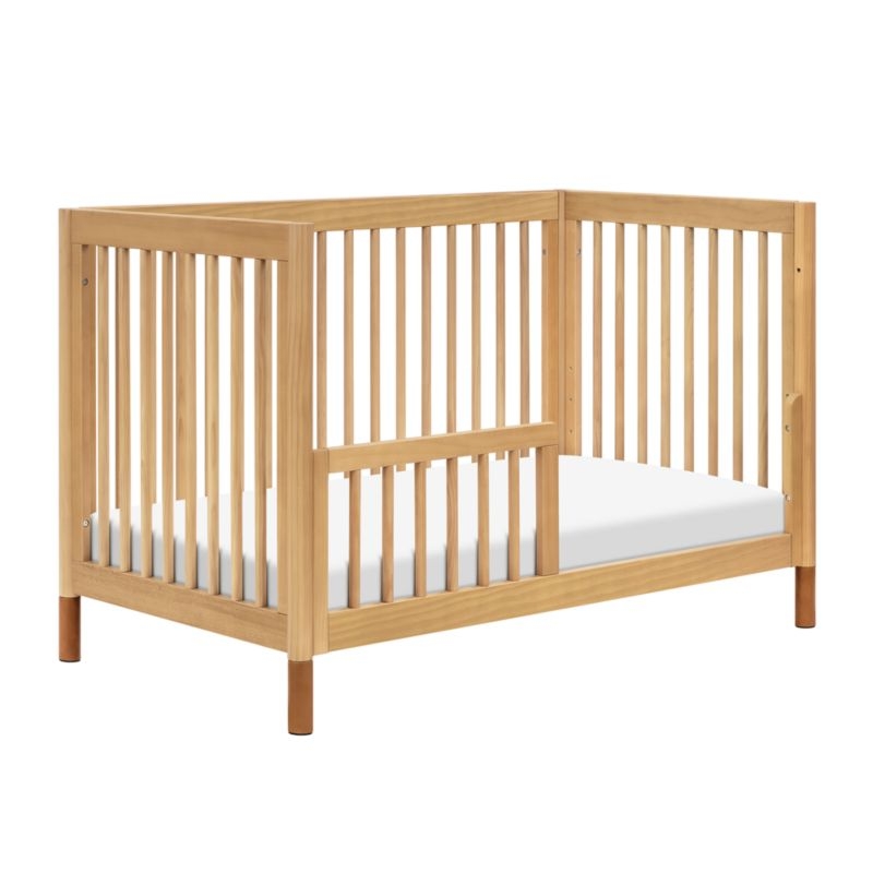 Babyletto Gelato Honey Wood & Vegan Tan Leather 4-in-1 Convertible Baby Crib with Toddler Bed Conversion Kit - Image 2