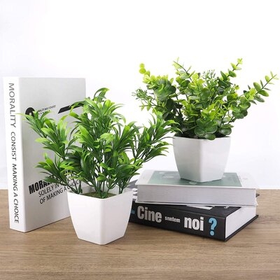Fake Plants Artificial Greenery Small Faux Plants In White Planter, Potted Plants For Windowsills, Home, Room And Office Décor - Image 0