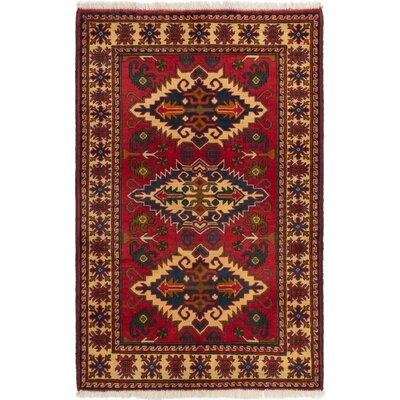 One-of-a-Kind Prochoras Hand-Knotted 2010s Kargahi Red/Beige 3'4" x 5'2" Wool Area Rug - Image 0