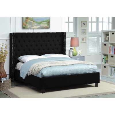 Grey Velvet Wing Bed With Deep Button Tufting And Nailhead Details, Includes Mattress Support. Queen 60'' - Image 0