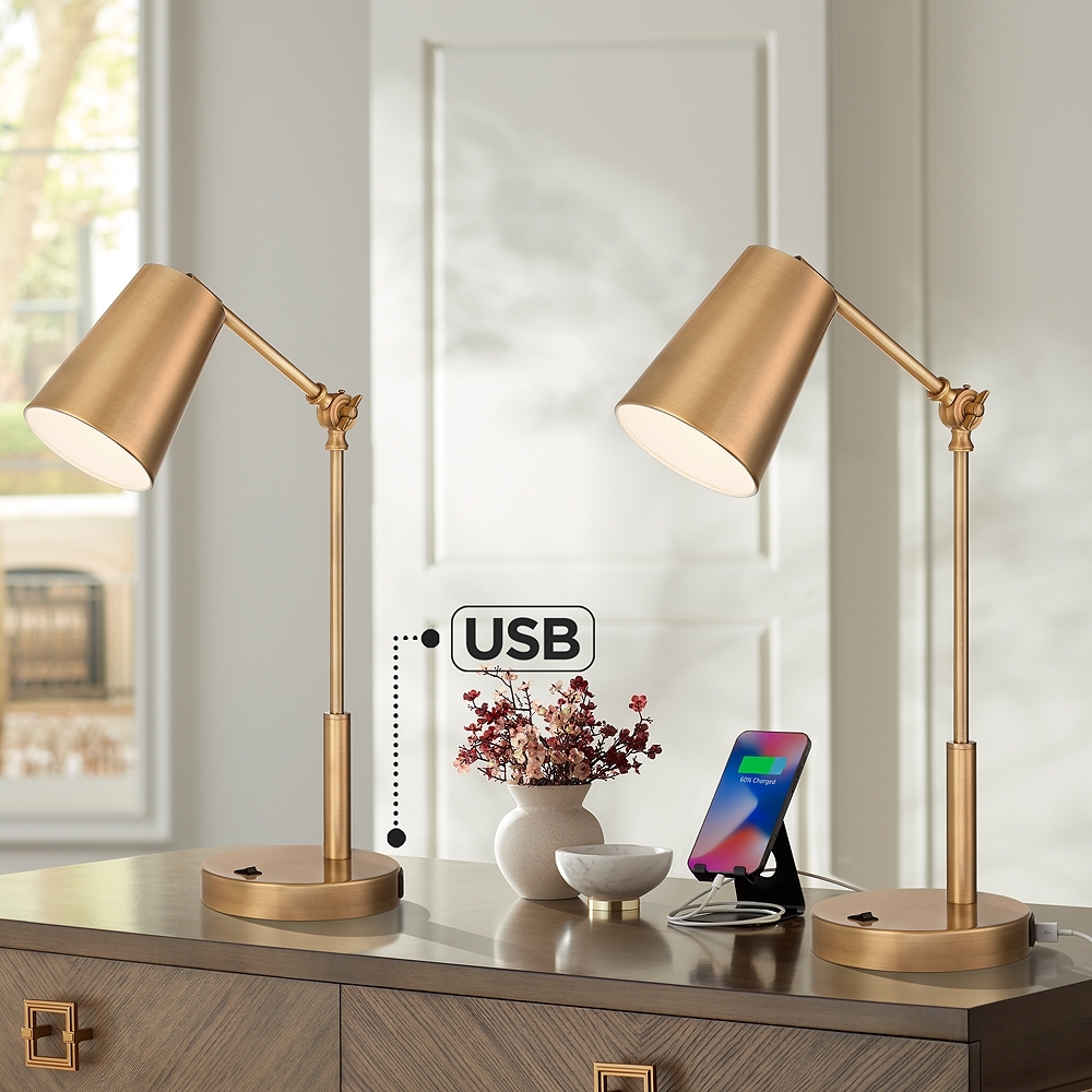 360 Lighting Sully Brass Adjustable Double USB Ports Desk Lamps Set of 2 - Image 0