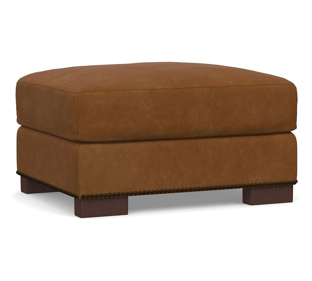 Turner Square Arm Leather Small Ottoman 30.5" with Nailheads, Polyester Wrapped Cushions, Nubuck Caramel - Image 0
