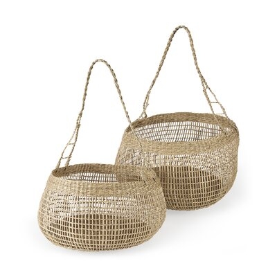 15.0L X 15.0W X 9.4H (Set Of 2) Light Brown Seagrass Woven Round Basket W/ Long Handle - Image 0