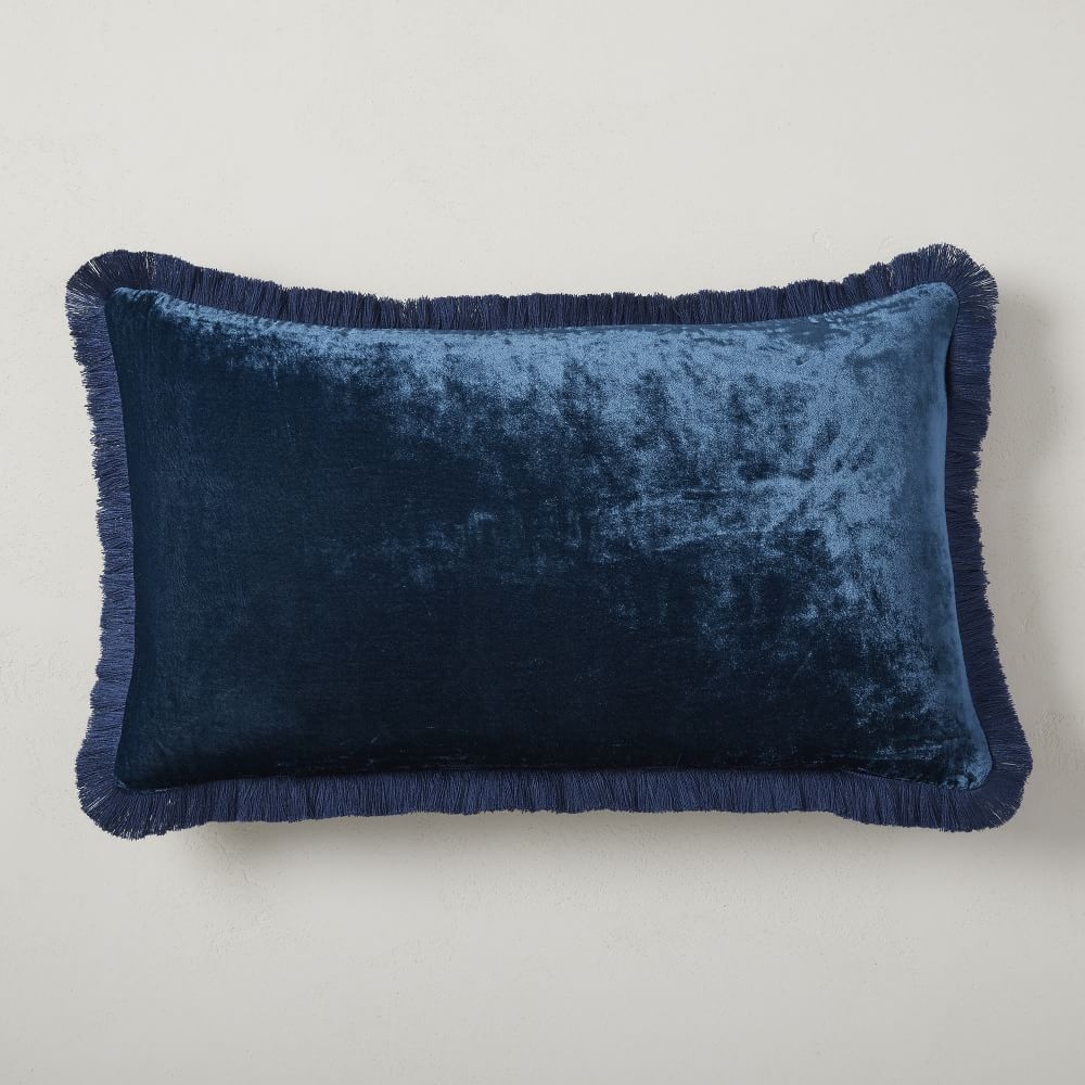 Lush Velvet Fringe Pillow Cover, Regal Blue, 12"x21" - Image 0