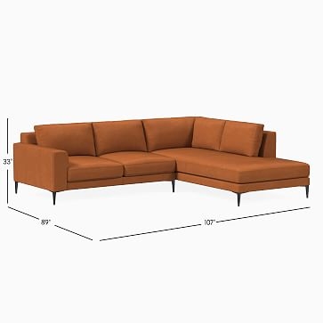 Harper Sectional Set 08: Right Arm Arm 75" Sofa, Left Arm Terminal Chaise, Poly, Saddle Leather, Slate, Antique Bronze - Image 2