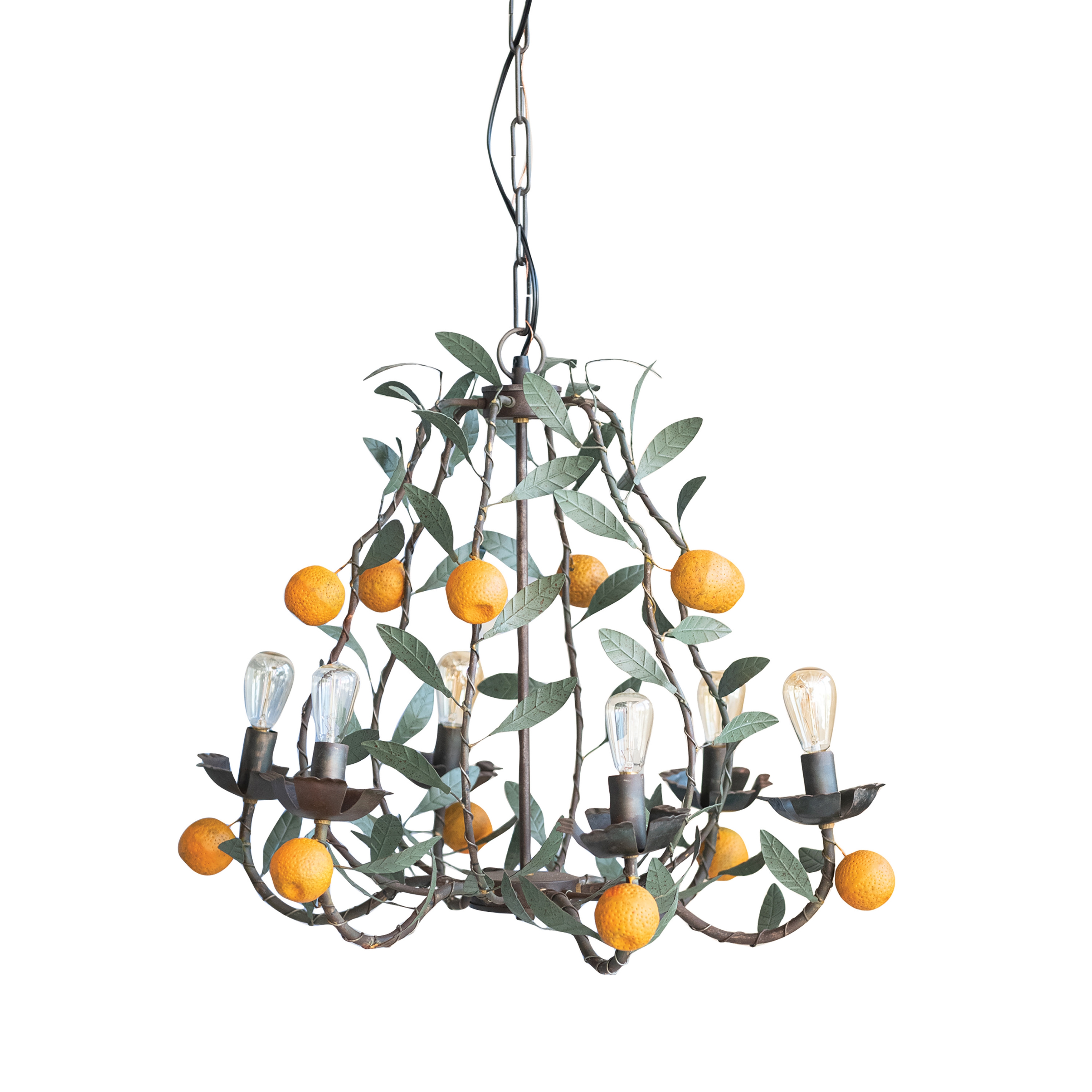 Metal Tole Chandelier with Leaves and Tangerines and 6 Lights, Antique Green and Orange - Image 0