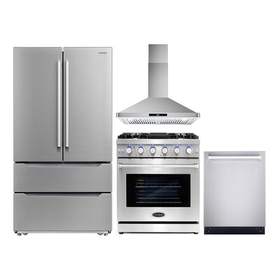 4 Piece Kitchen Package With 30" Freestanding Gas Range 30" Wall Mount Range Hood 24" Built-in Fully Integrated Dishwasher & Energy Star French Door Refrigerator - Image 0