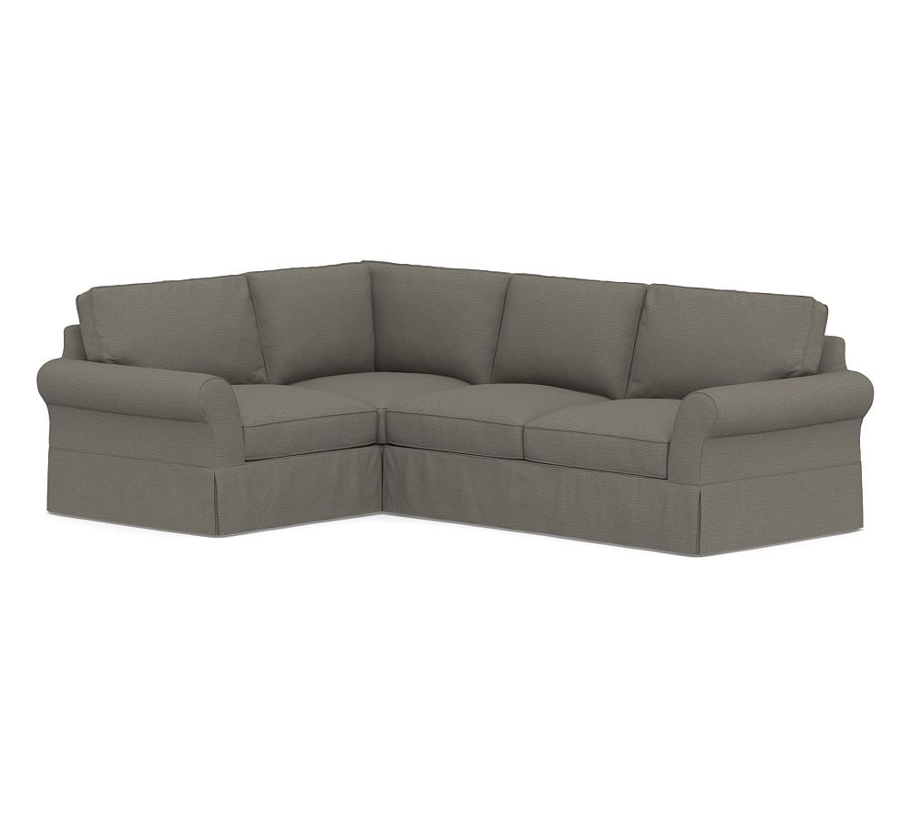 PB Comfort Roll Arm Slipcovered Right Arm 3-Piece Corner Sectional, Box Edge Down Blend Wrapped Cushions, Chunky Basketweave Metal - Image 0