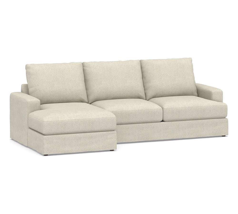 Canyon Square Arm Slipcovered Right Arm Loveseat with Chaise Sectional, Down Blend Wrapped Cushions, Performance Heathered Basketweave Alabaster White - Image 0