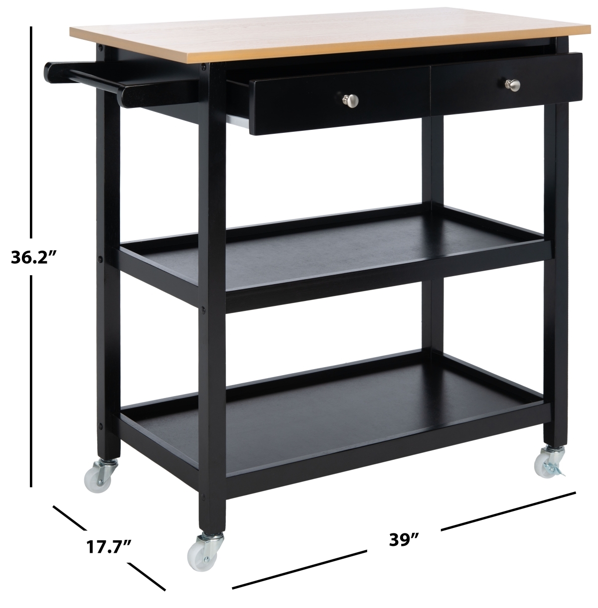 Cohyn 2 Drawer 3 Shelf Kitchen Cart - Natural / Black - Safavieh - Image 8