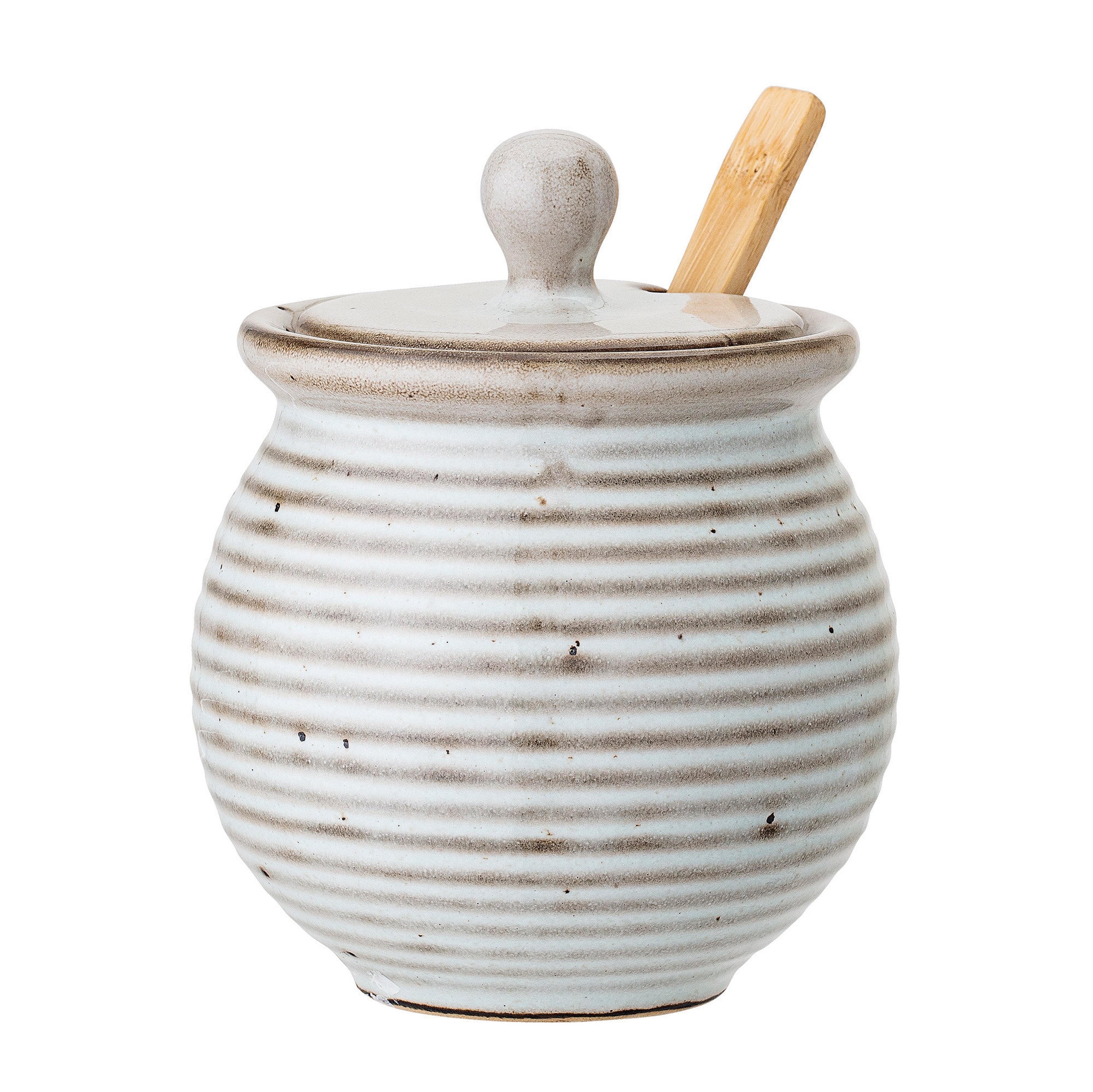 White Stoneware Honey Pot with Dipper & Reactive Glaze Finish (Set of 3 Pieces/Each one will vary) - Image 0