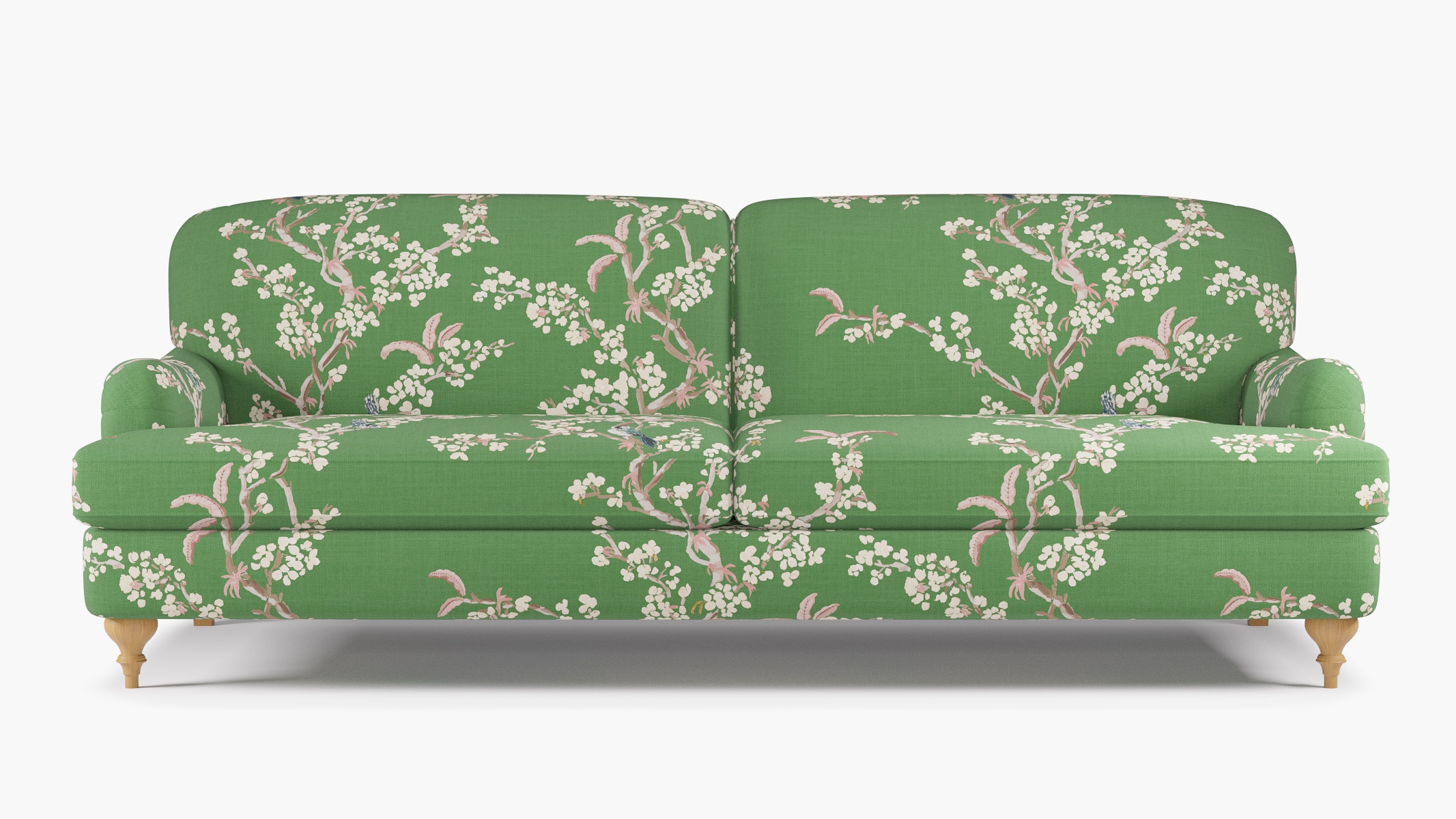 English Roll Arm Sofa, Jade Cherry Blossom, Natural Turned Wood Leg - Image 0
