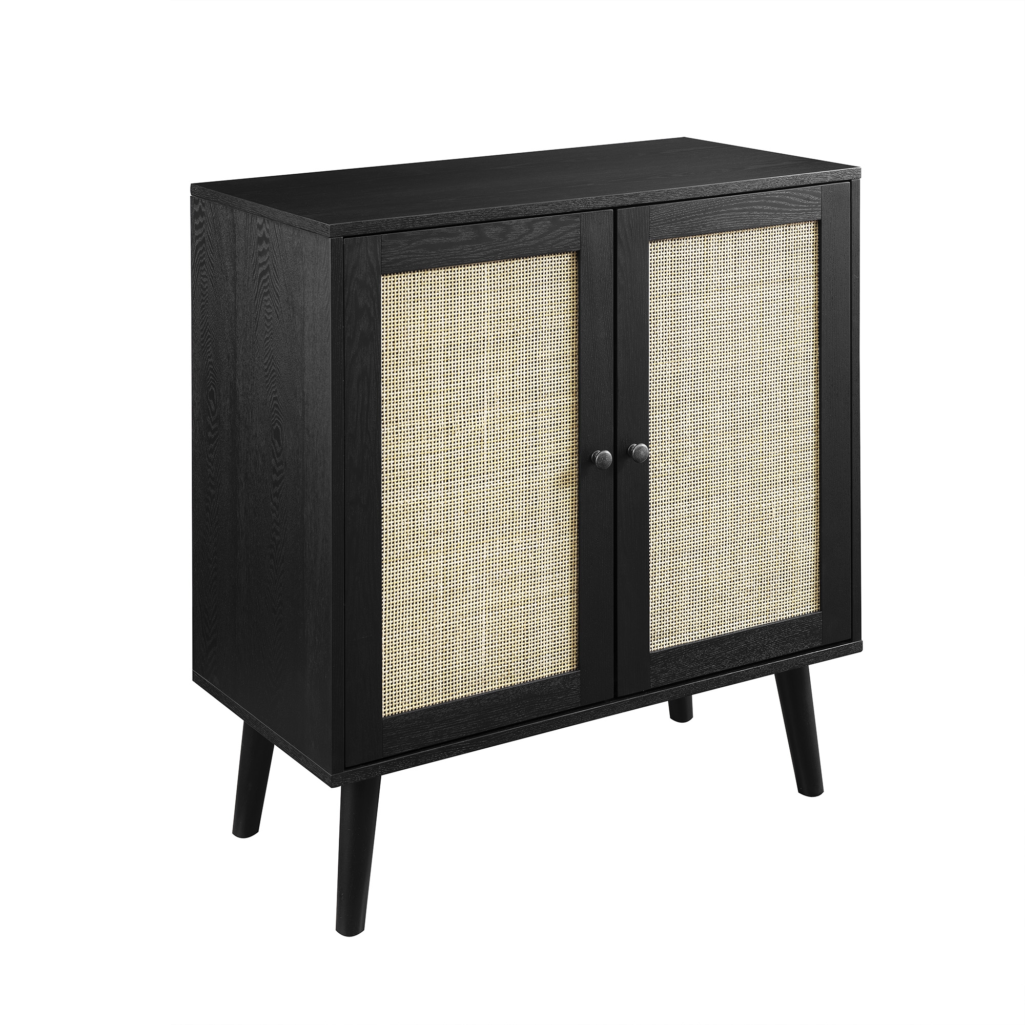 Boho 2 Door Solid Wood and Rattan Accent Cabinet – Black - Image 1