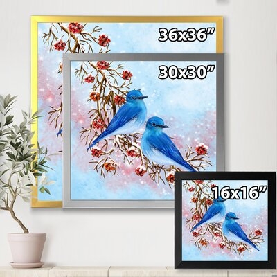 Two Blue Birds Sitting On A Branch With Berries - Traditional Canvas Wall Art Print-FDP35964 - Image 0