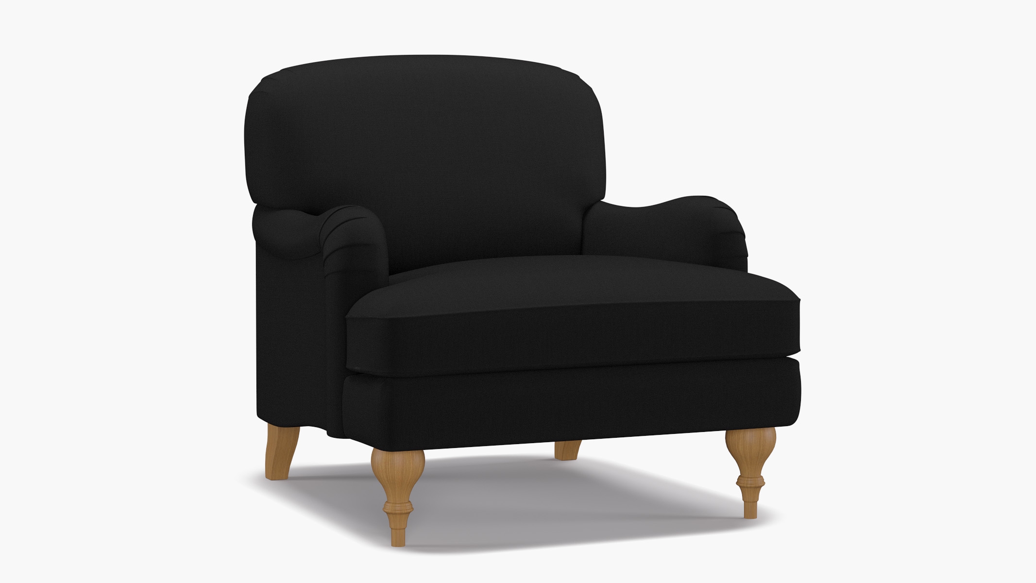 English Roll Arm Chair, Raven Everyday Linen, Natural Turned Wood Leg - Image 1