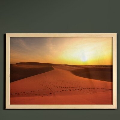 Ambesonne Desert Wall Art With Frame, Footprints On Sand Dunes At Sunrise Hot Dubai Landscape Travel Destination, Printed Fabric Poster For Bathroom Living Room Dorms, 35" X 23", Dark Orange Yellow - Image 0