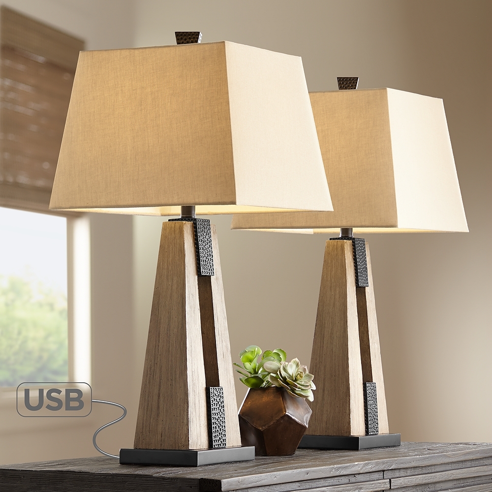 John Timberland Mitchell 27" Rustic Column USB Table Lamps Set of 2 - Image 0