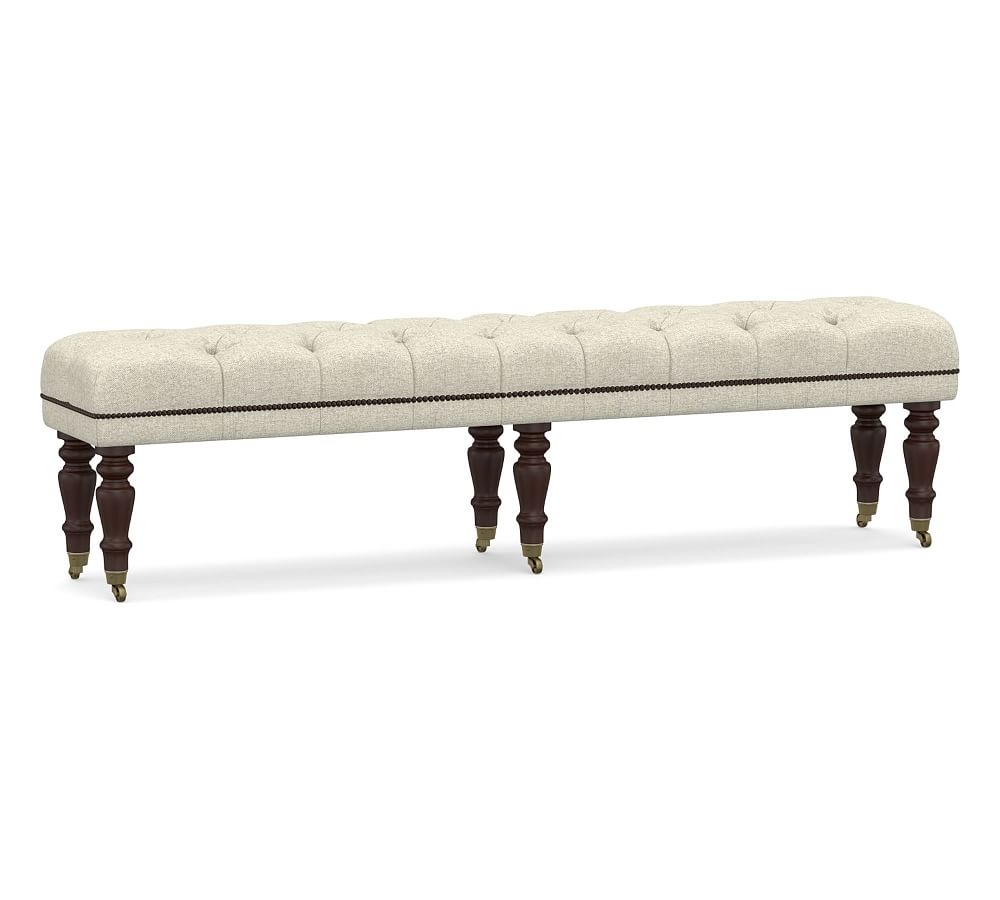 Raleigh Upholstered Tufted King Bench with Mahogany Legs & Bronze Nailheads, Performance Heathered Basketweave Alabaster White - Image 0