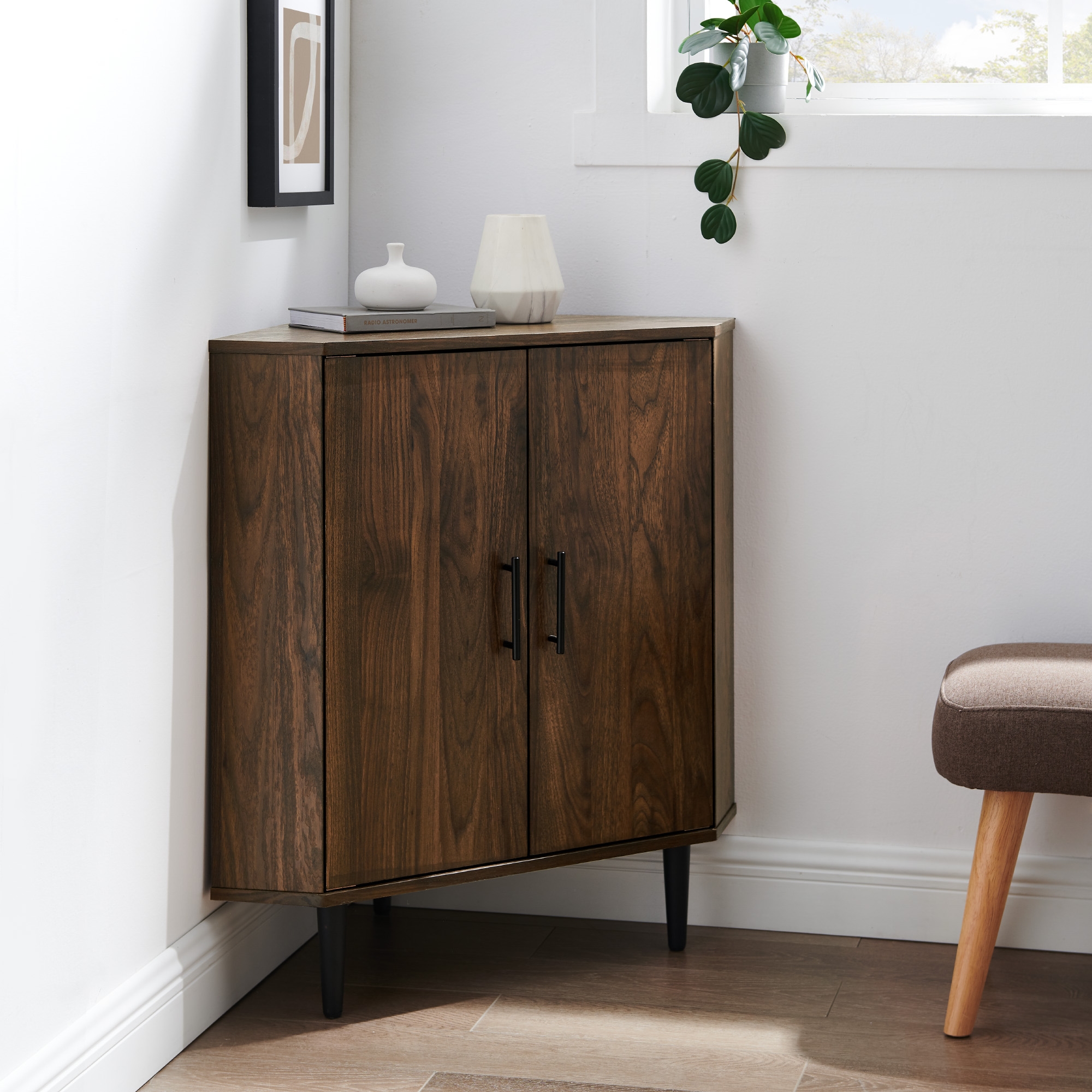 Contemporary Double Door Corner Accent Cabinet – Dark Walnut - Image 4