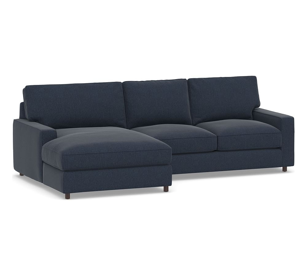 PB Comfort Square Arm Upholstered Right Arm Loveseat with Wide Chaise Sectional, Box Edge, Memory Foam Cushions, Sunbrella(R) Performance Chenille Indigo - Image 0