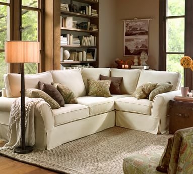 PB Comfort Roll Arm Slipcovered Left Arm 3-Piece Corner Sectional, Box Edge Down Blend Wrapped Cushions, Chenille Basketweave Pebble - Image 4