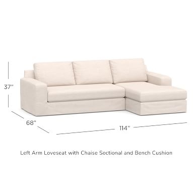 Big Sur Square Arm Slipcovered Right Arm Sofa with Chaise Sectional and Bench Cushion, Down Blend Wrapped Cushions, Chenille Basketweave Pebble - Image 1