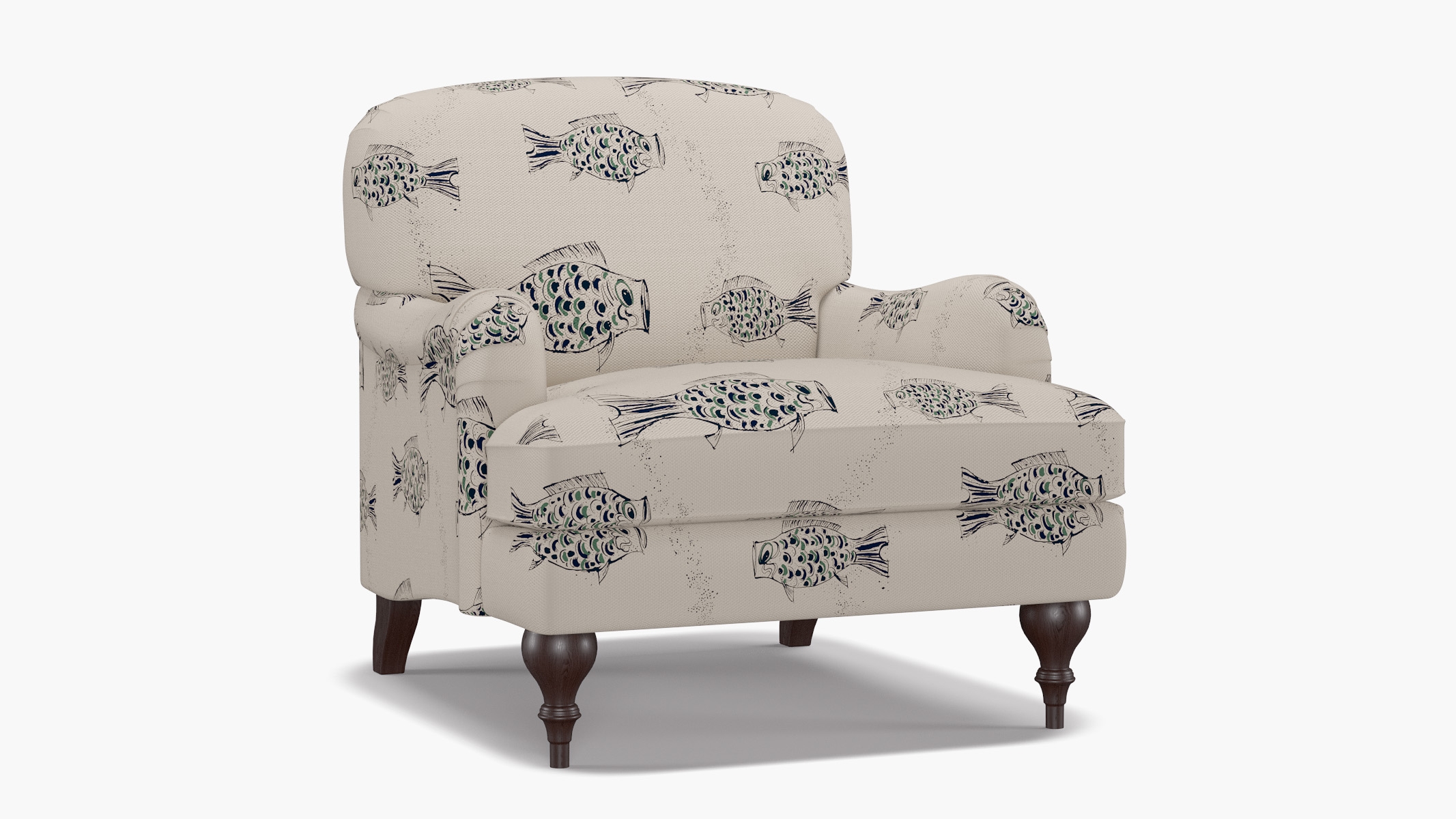 English Roll Arm Chair, Canvas Sakana, Espresso Turned Wood Leg - Image 1