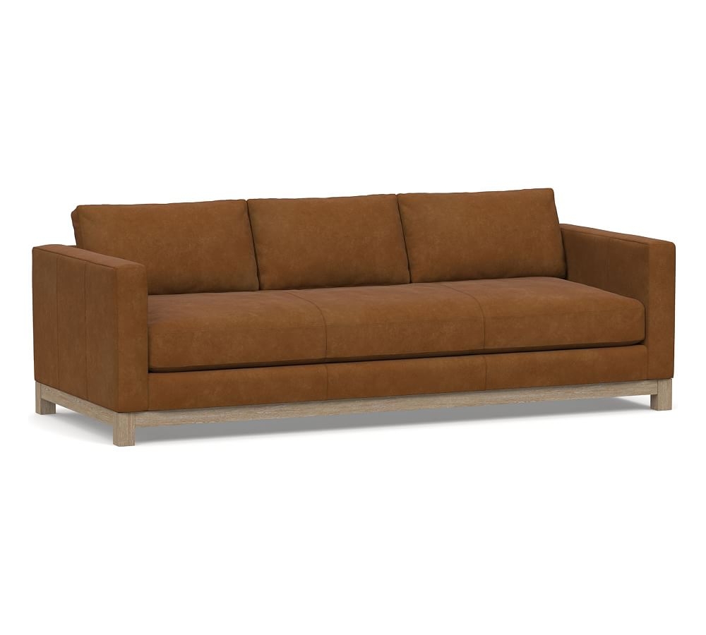 Jake Leather Grand Sofa 95.5" with Wood Legs, Down Blend Wrapped Cushions, Nubuck Caramel - Image 0
