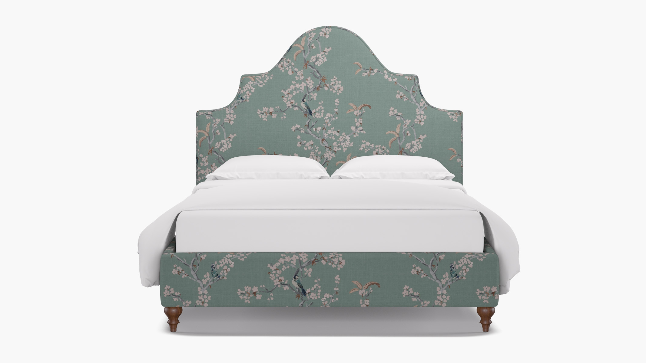 Statement Bed, Mint Cherry Blossom, Walnut Traditional Turned Leg, King - Image 0