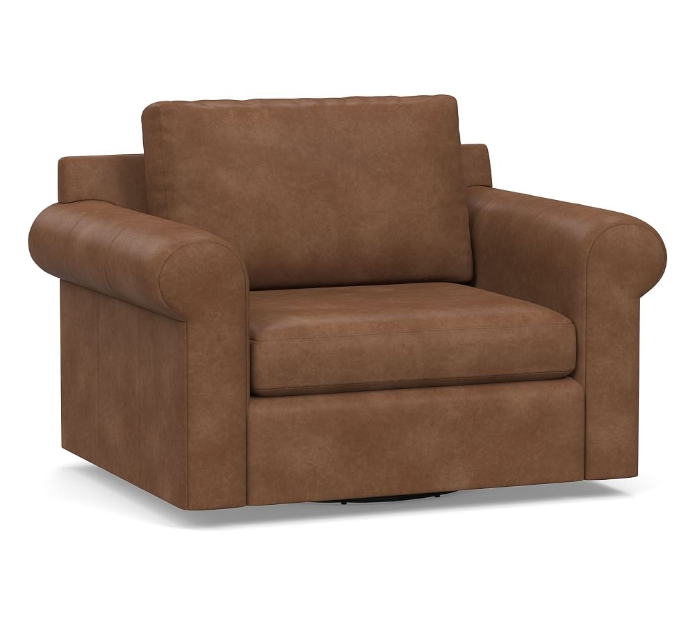 Shasta Roll Arm Leather Swivel Armchair, Polyester Wrapped Cushions, Statesville Toffee - Image 0