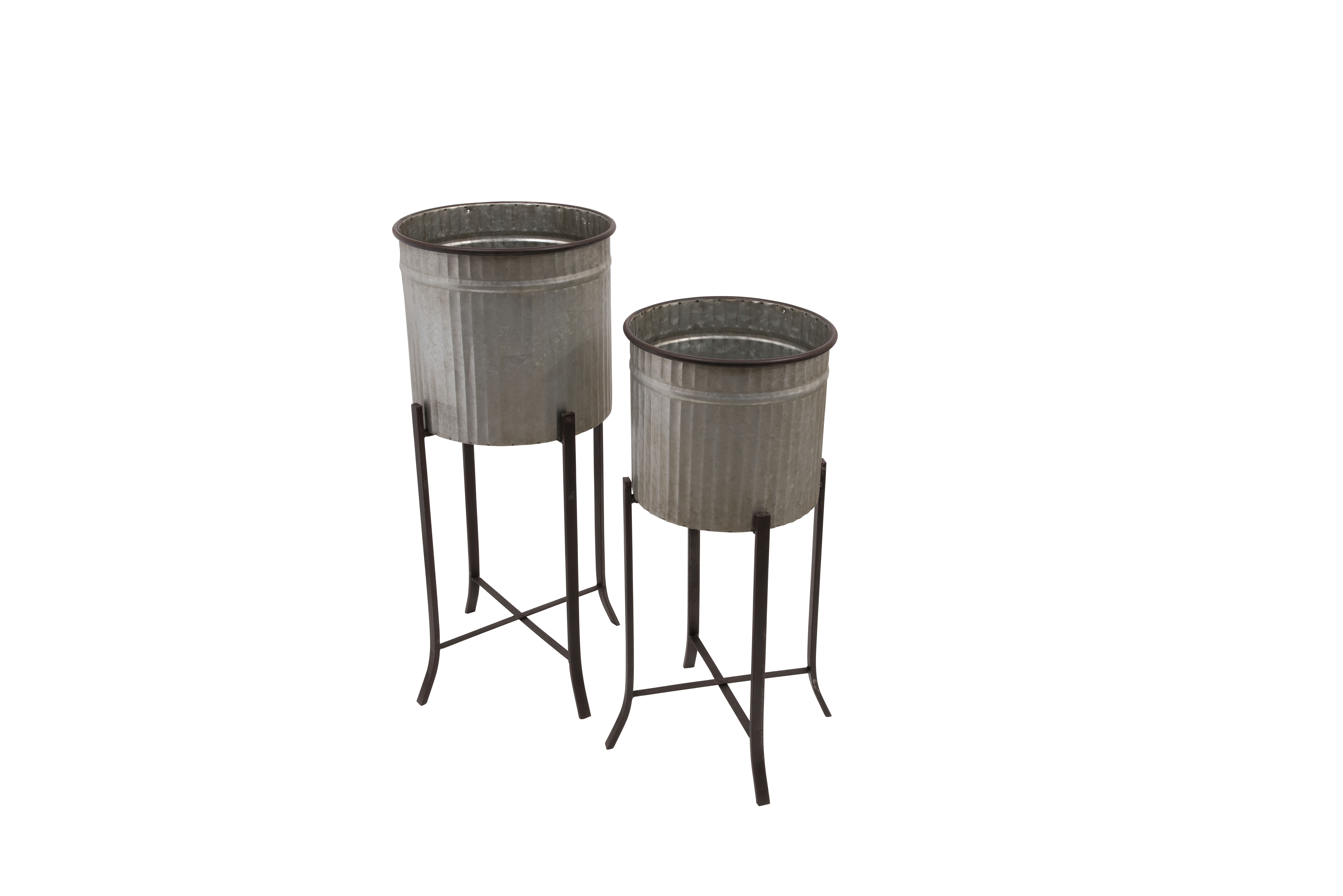 Round Corrugated Metal Planters on Stands, Silver and Black, Set of 2 - Image 0