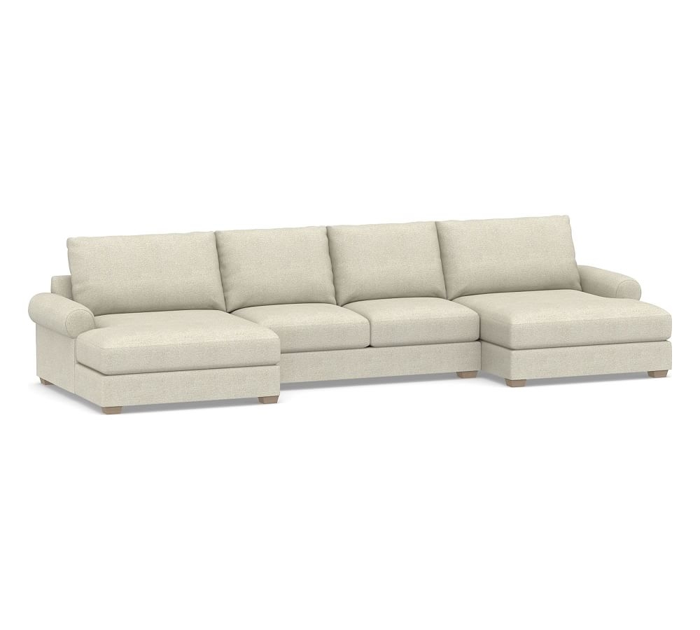 Canyon Roll Arm Upholstered U-Double Chaise Loveseat Sectional, Down Blend Wrapped Cushions, Performance Heathered Basketweave Alabaster White - Image 0