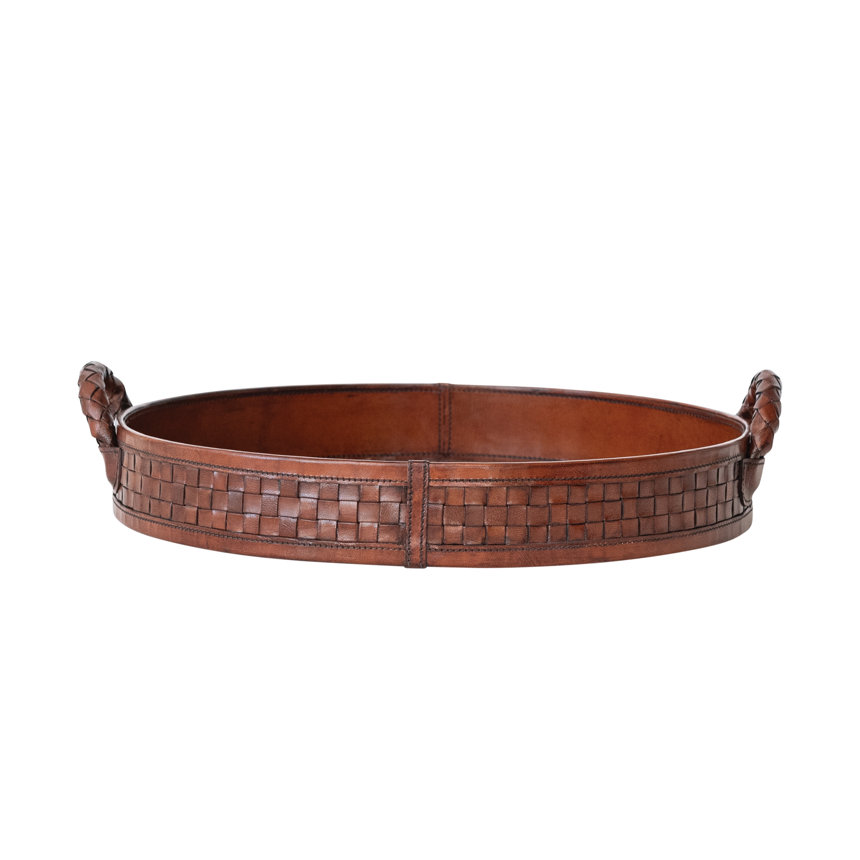 Decorative Reclaimed Wood and Woven Leather Tray with Handles, Cognac Color - Image 0
