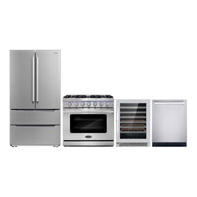 4 Piece Kitchen Package With 36" Freestanding Gas Range 24" Built-in Fully Integrated Dishwasher Energy Star French Door Refrigerator & 48 Bottle Freestanding Wine Refrigerator - Image 0