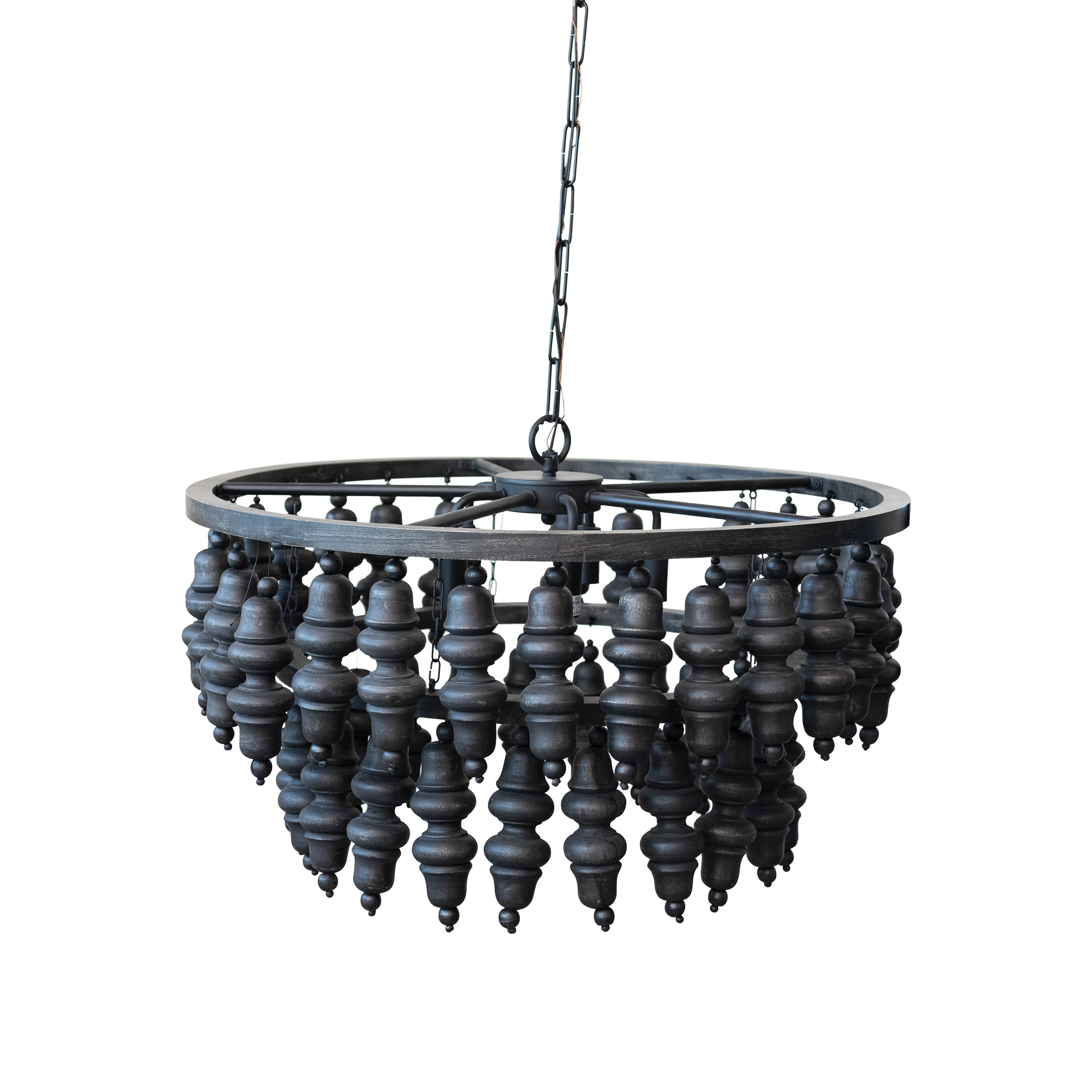 Round Metal and Mango Wood Bead Chandelier with Five Lights, Black - Image 0