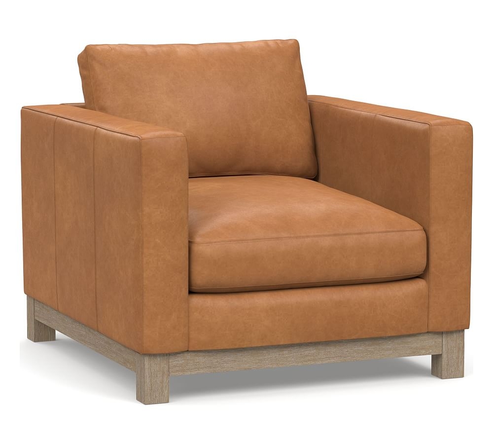 Jake Leather Armchair with Wood Legs, Down Blend Wrapped Cushions Churchfield Camel - Image 0