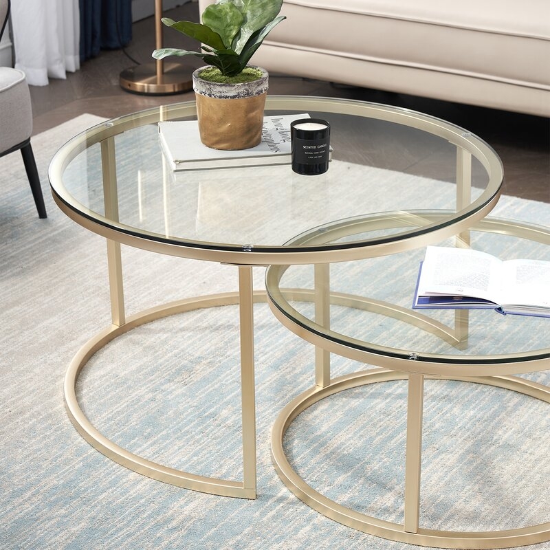 Nesting Coffee Table Modern Round Living Room Table, Clear & Gold, Set of 2 - Image 2
