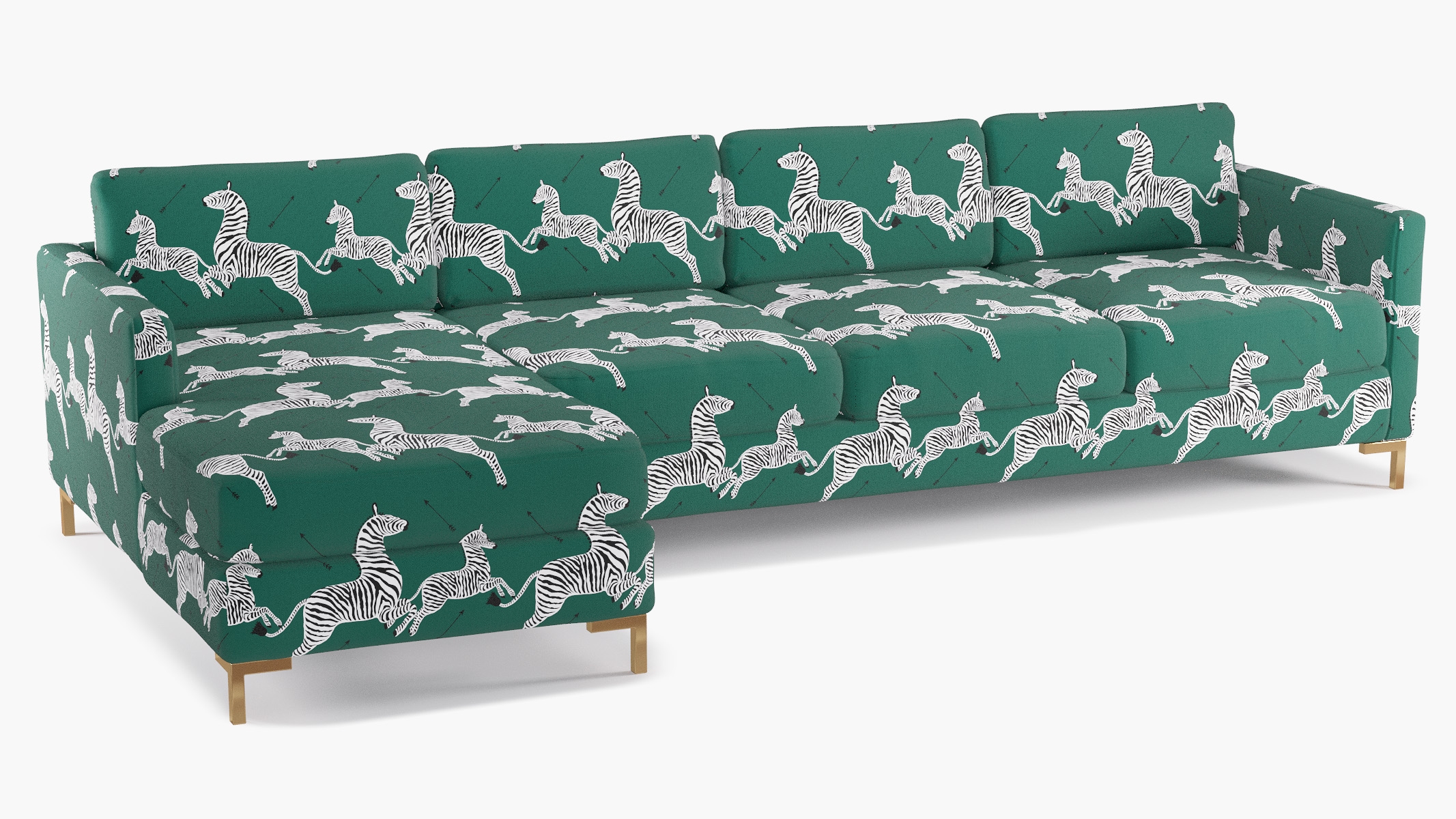 Modern Sectional, Left Facing, Emerald Zebra, Brass L Leg - Image 1