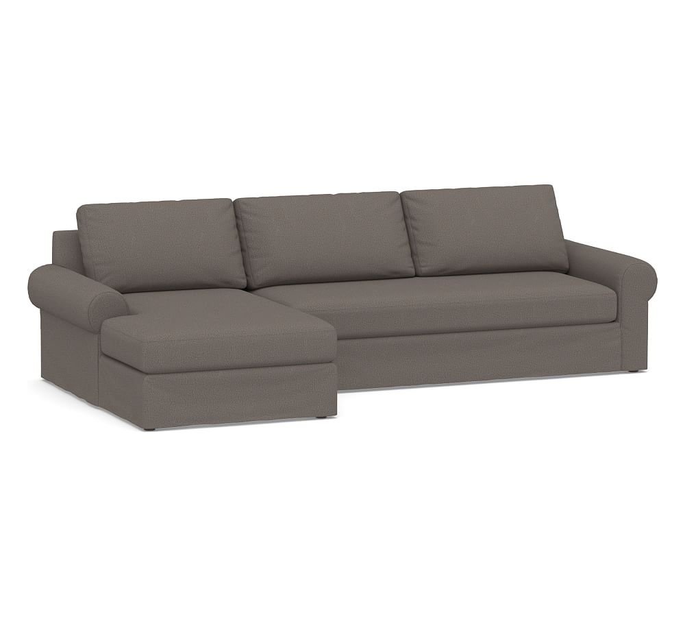 Big Sur Roll Arm Slipcovered Right Arm Sofa with Chaise Sectional and Bench Cushion, Down Blend Wrapped Cushions, Performance Heathered Tweed Graphite - Image 0
