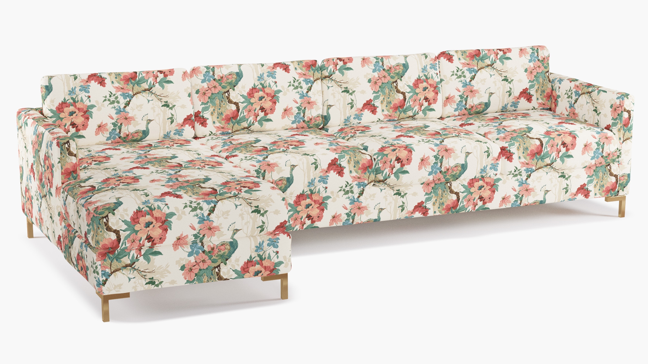 Modern Sectional, Left Facing, Rose Peacock Park, Brass L Leg - Image 1