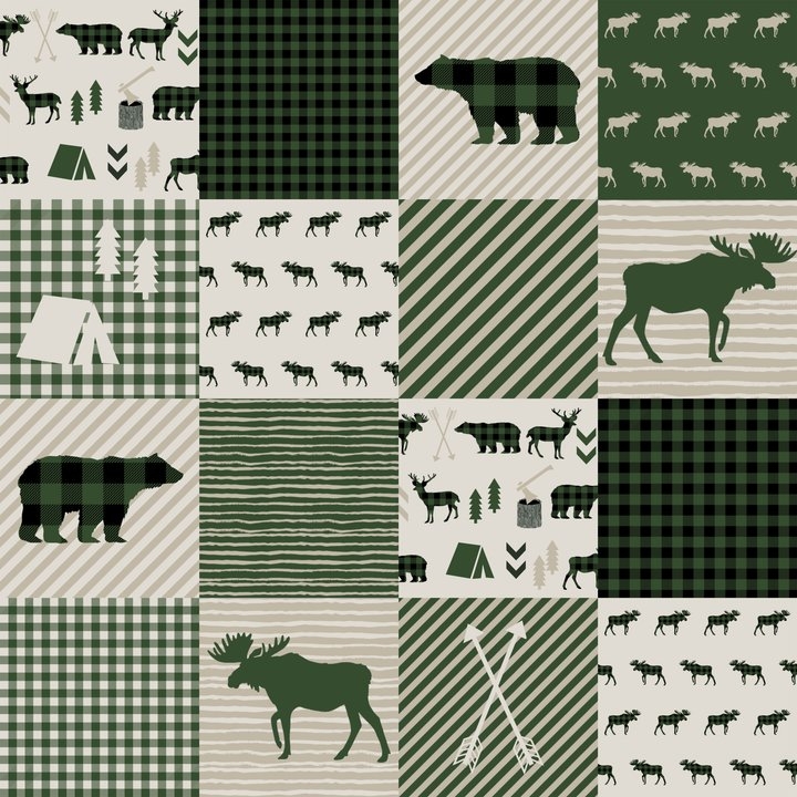 Camping Hunter Green Plaid Quilt Cheater Quilt Baby Nursery Cute Pattern Bear Moose Cabin Life Art Print by Charlottewinter - Large - Image 1