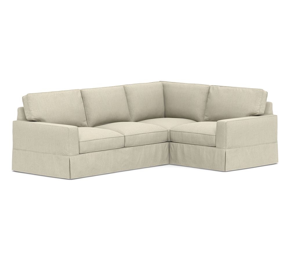 PB Comfort Square Arm Slipcovered Left Arm 3-Piece Corner Sectional, Box Edge, Down Blend Wrapped Cushions, Chenille Basketweave Oatmeal - Image 0