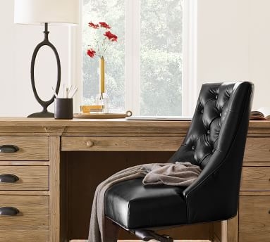 Hayes Tufted Leather Swivel Desk Chair, Rustic Brown Base, Churchfield Ebony - Image 1
