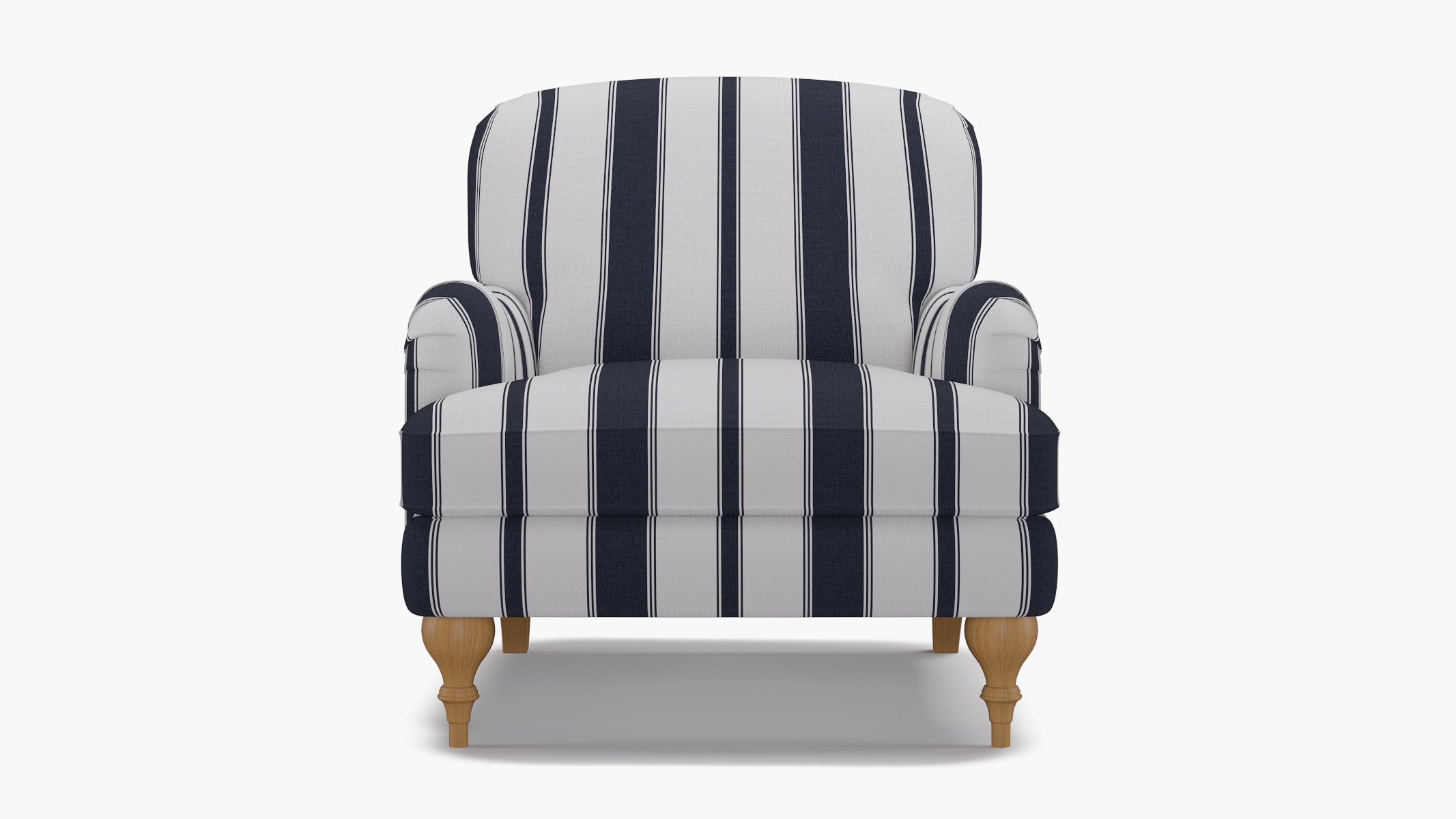 English Roll Arm Chair, Navy Clarence Stripe, Natural Turned Wood Leg - Image 0